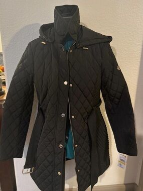 NWT Michael Kors Black Quilted Hooded Belted Jacket Coat M